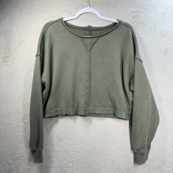 Aerie Cropped Sweatshirt‎ Size S Green Boxy Oversized Lounge Exposed Seams Cozy - Picture 1 of 8
